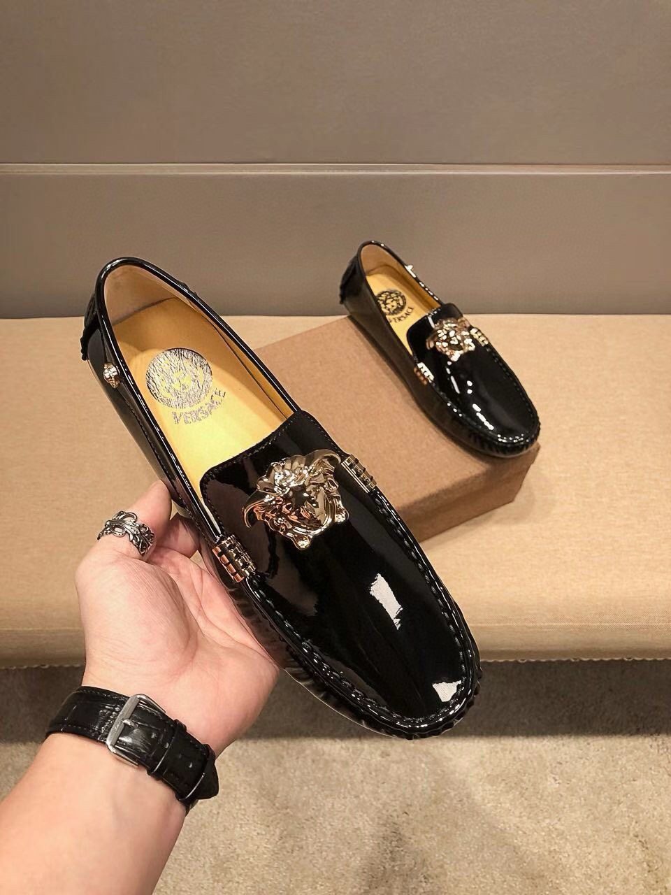 Versace Black Patent Leather Medusa-Style Loafers — front
