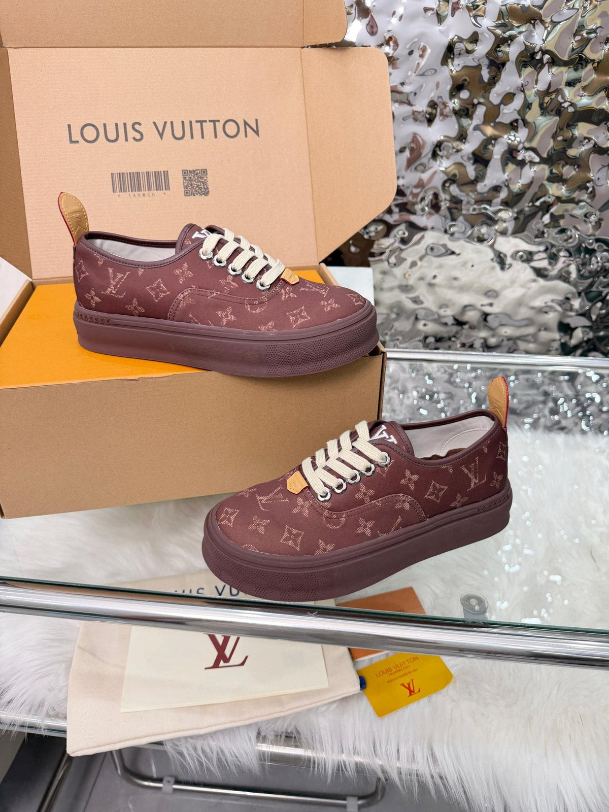 Louis Vuitton Burgundy Monogram Low-Top Sneakers — front