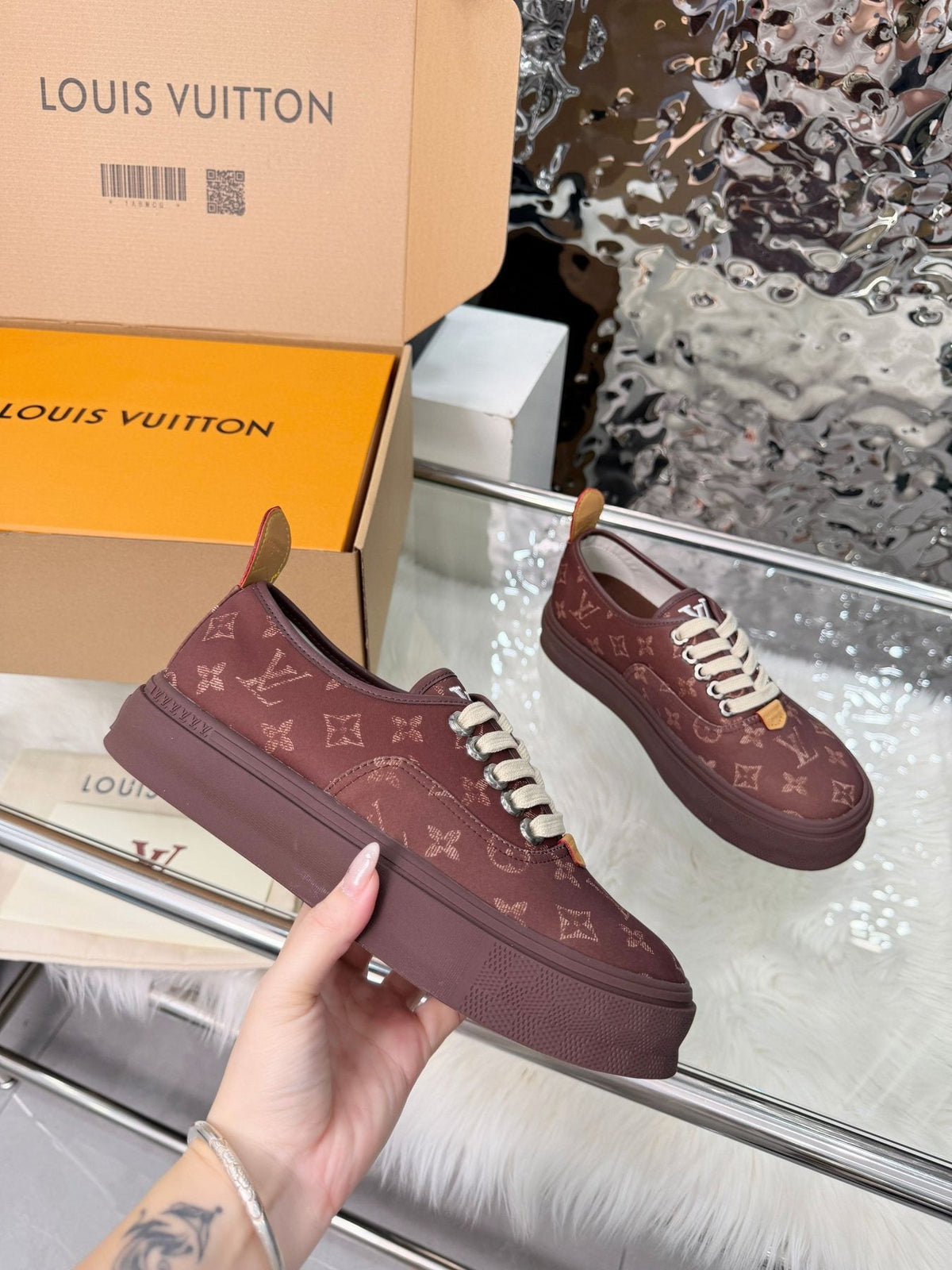 Louis Vuitton Burgundy Monogram Low-Top Sneakers — side