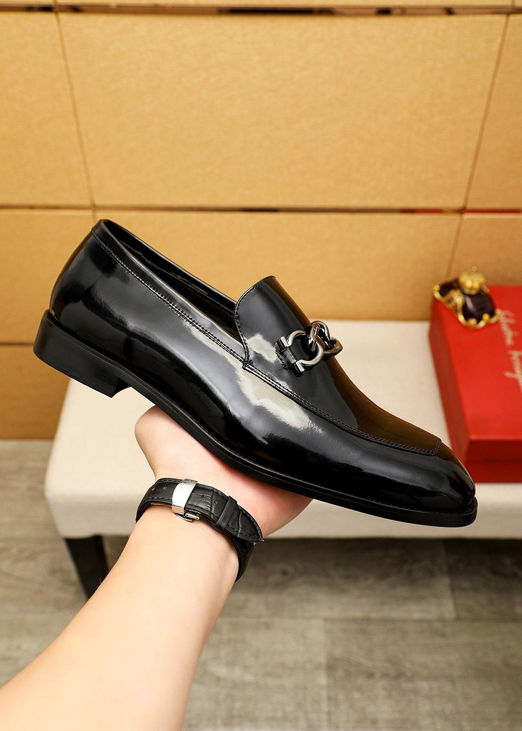 Ferragamo Black Patent Bit Loafers — side