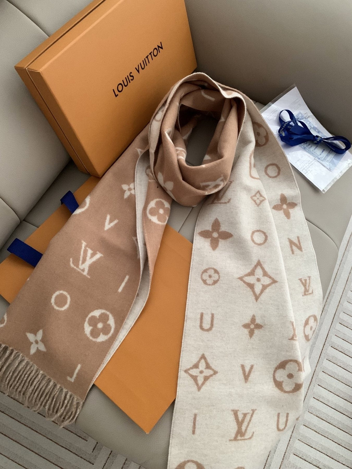 Louis Vuitton Beige Ivory Fringed Scarf — side