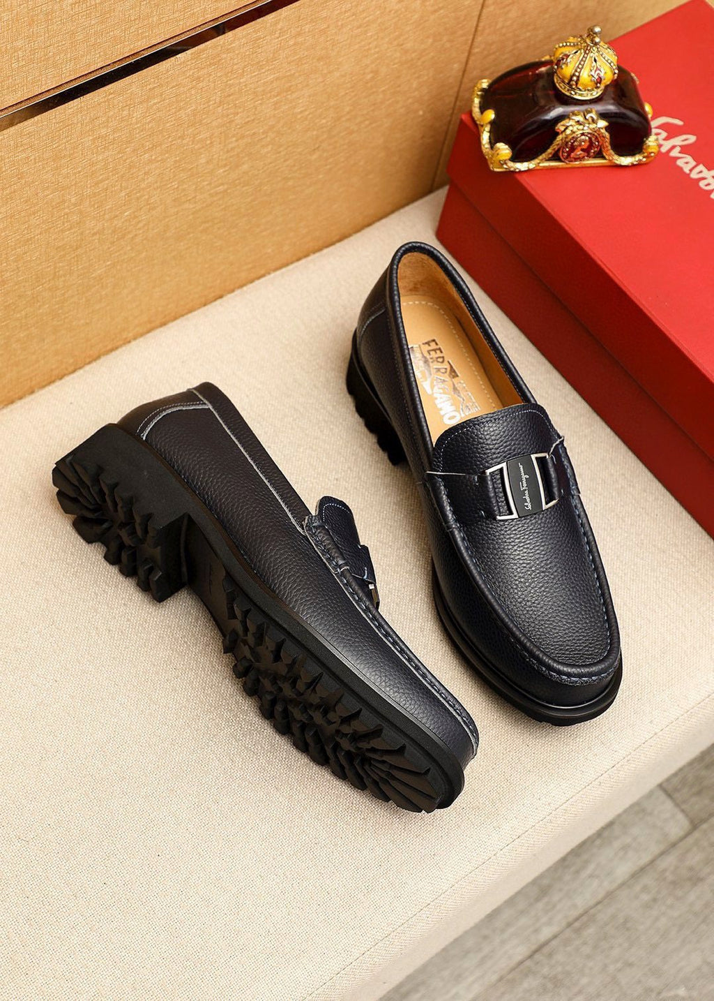 Ferragamo Black Buckle Leather Loafers — front