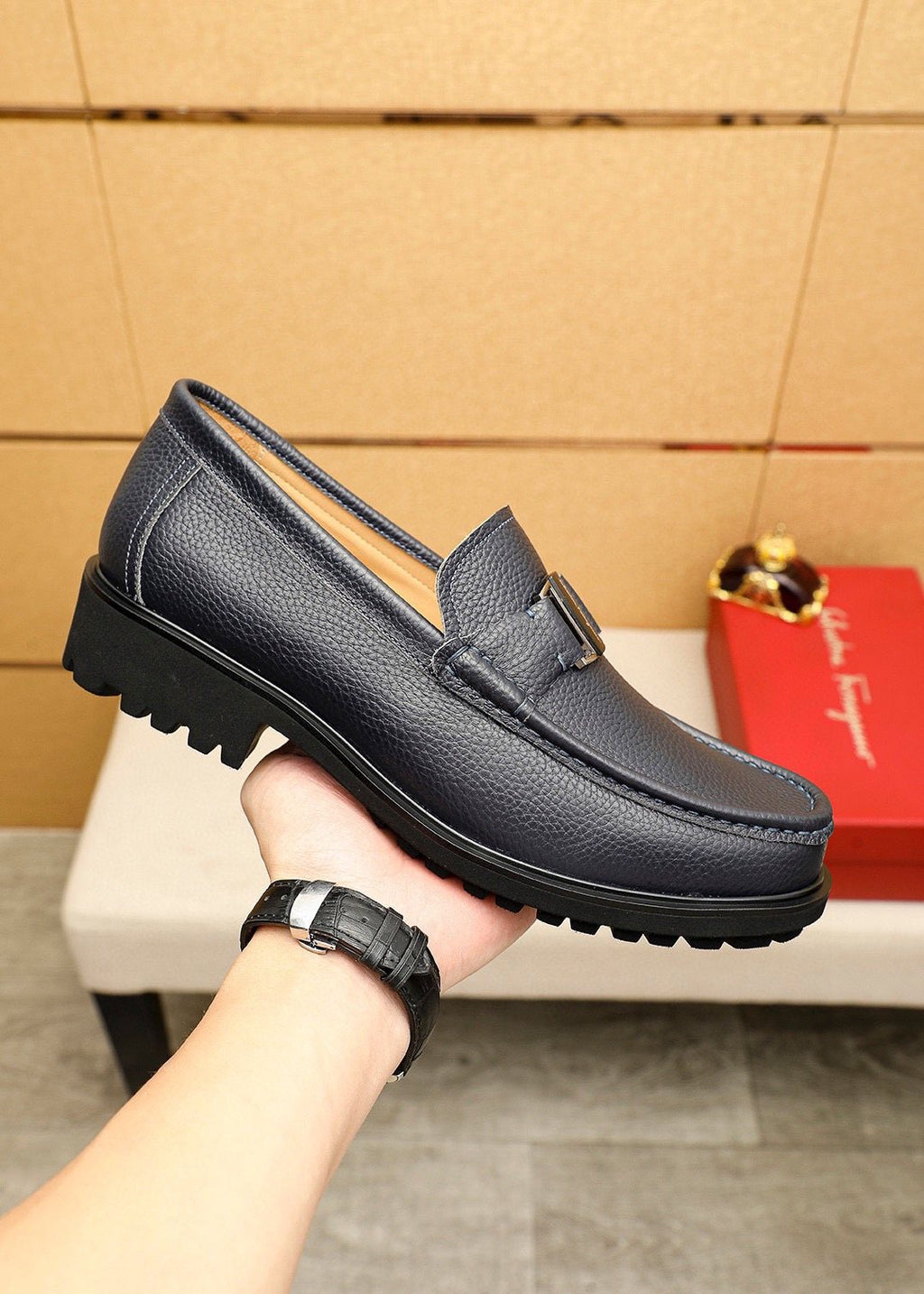 Ferragamo Black Buckle Leather Loafers — side