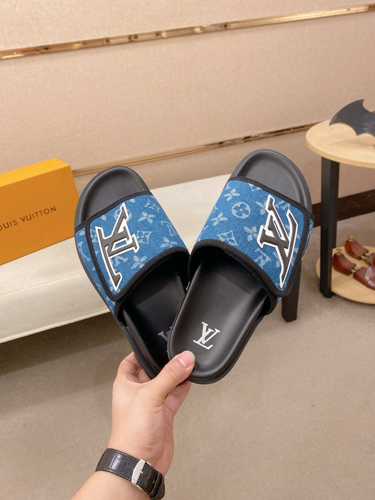 Louis Vuitton Blue Patterned Slide Sandals — model