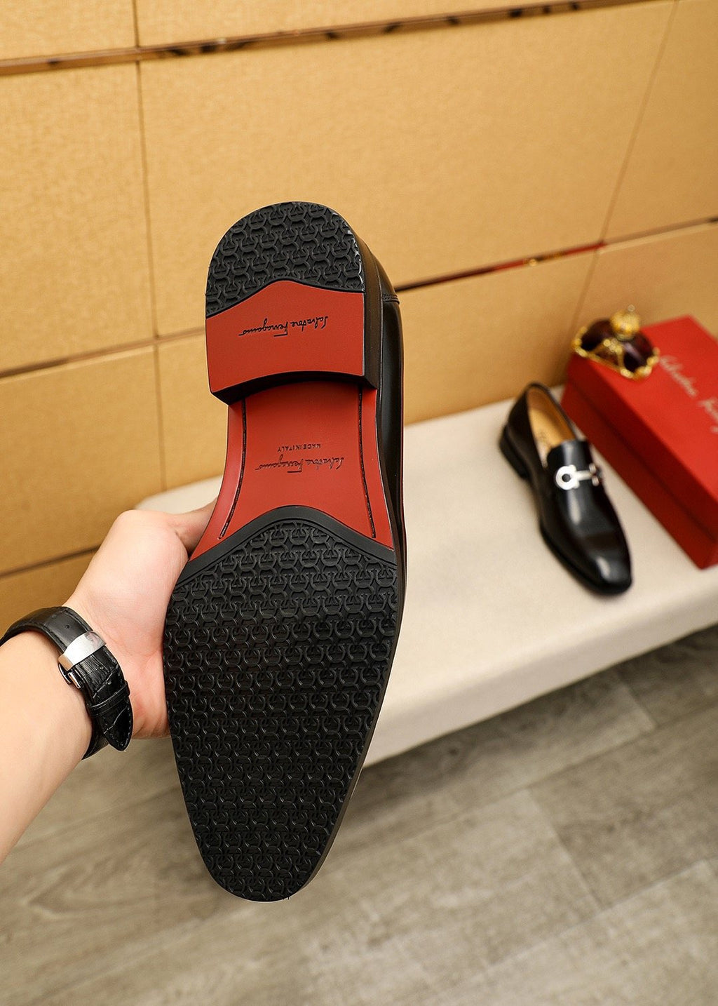 Ferragamo Black Hardware Loafers — front