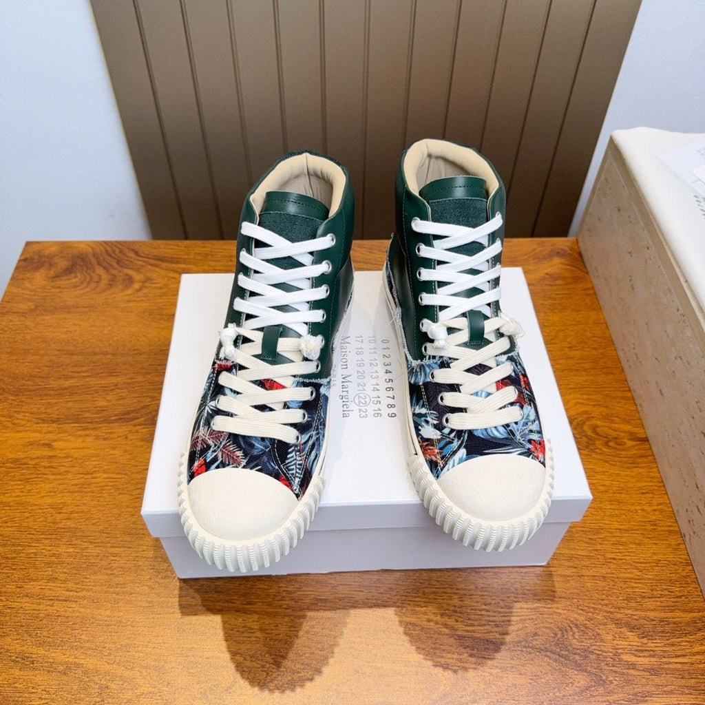 Maison Margiela Dark Green Floral High-Top Sneakers — front