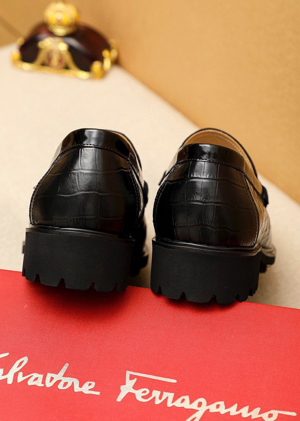Ferragamo Black Embossed Leather Loafers — back