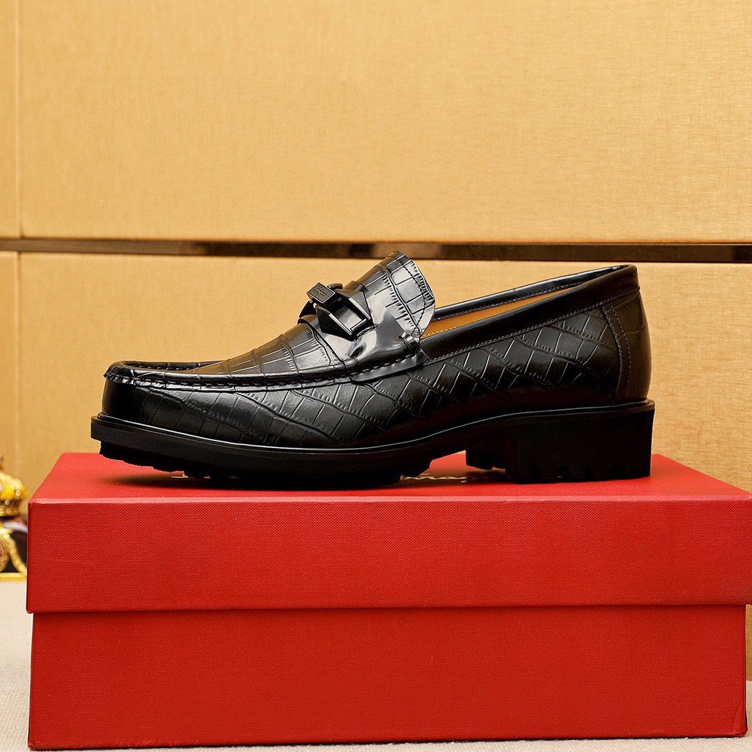 Ferragamo Black Embossed Leather Loafers — side