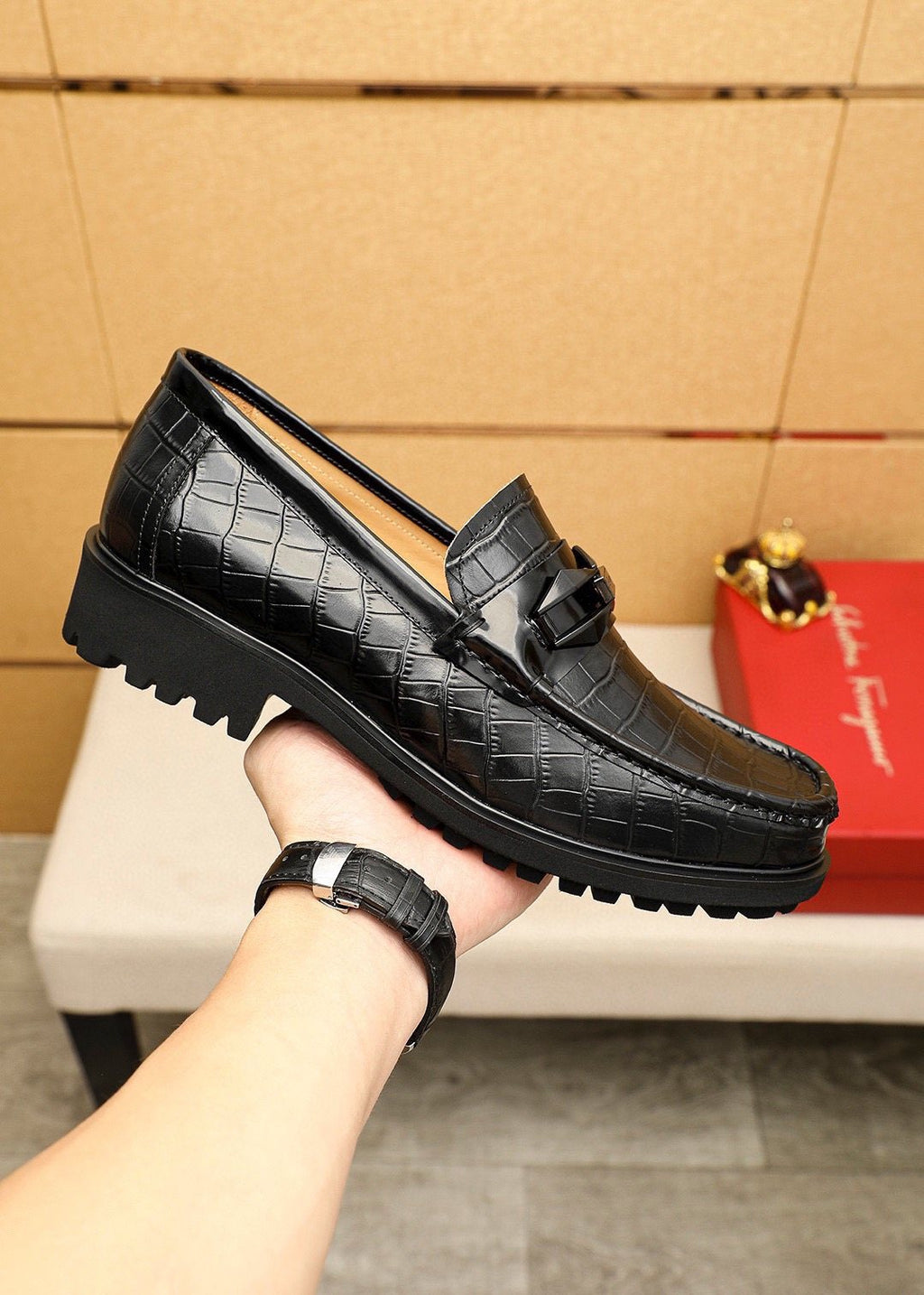 Ferragamo Black Embossed Leather Loafers — model