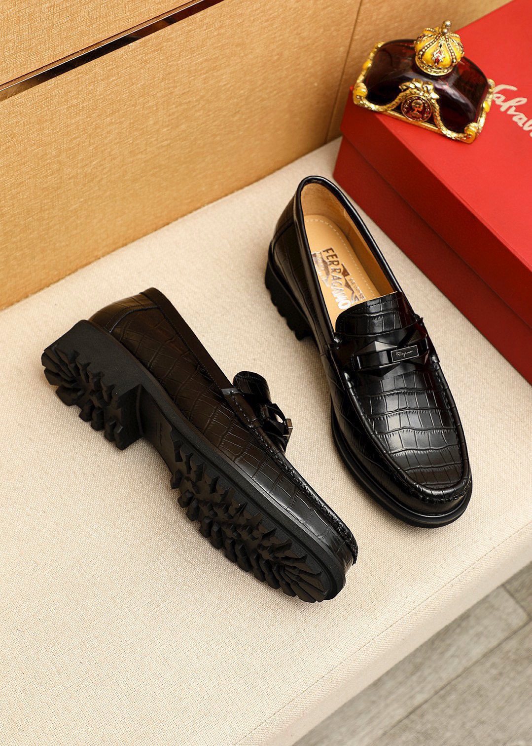 Ferragamo Black Embossed Leather Loafers — front