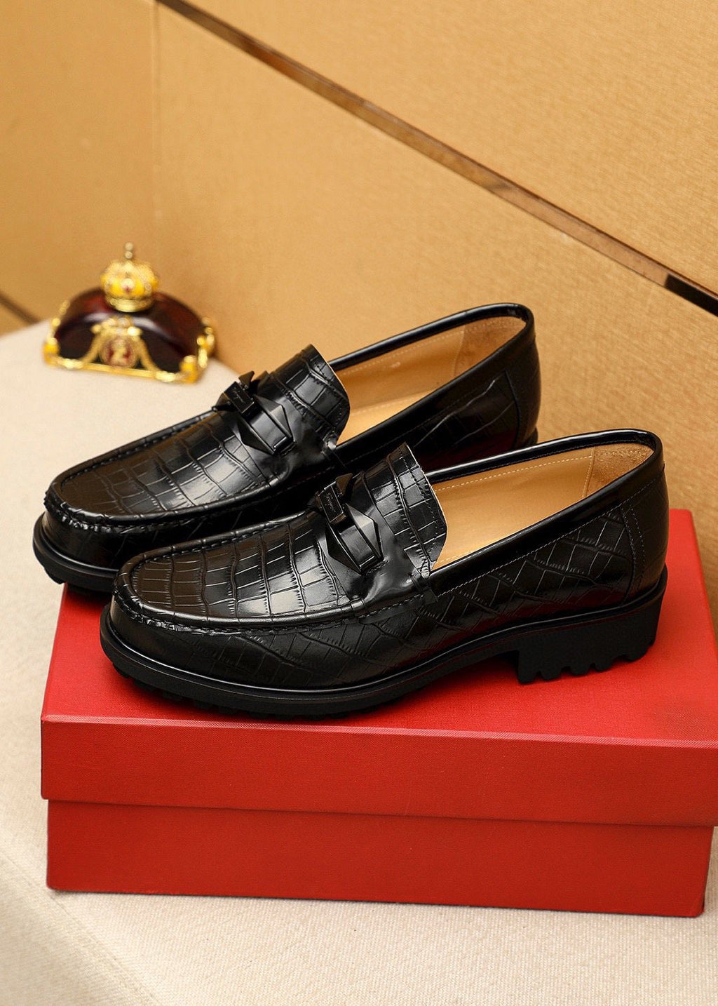 Ferragamo Black Embossed Leather Loafers — side