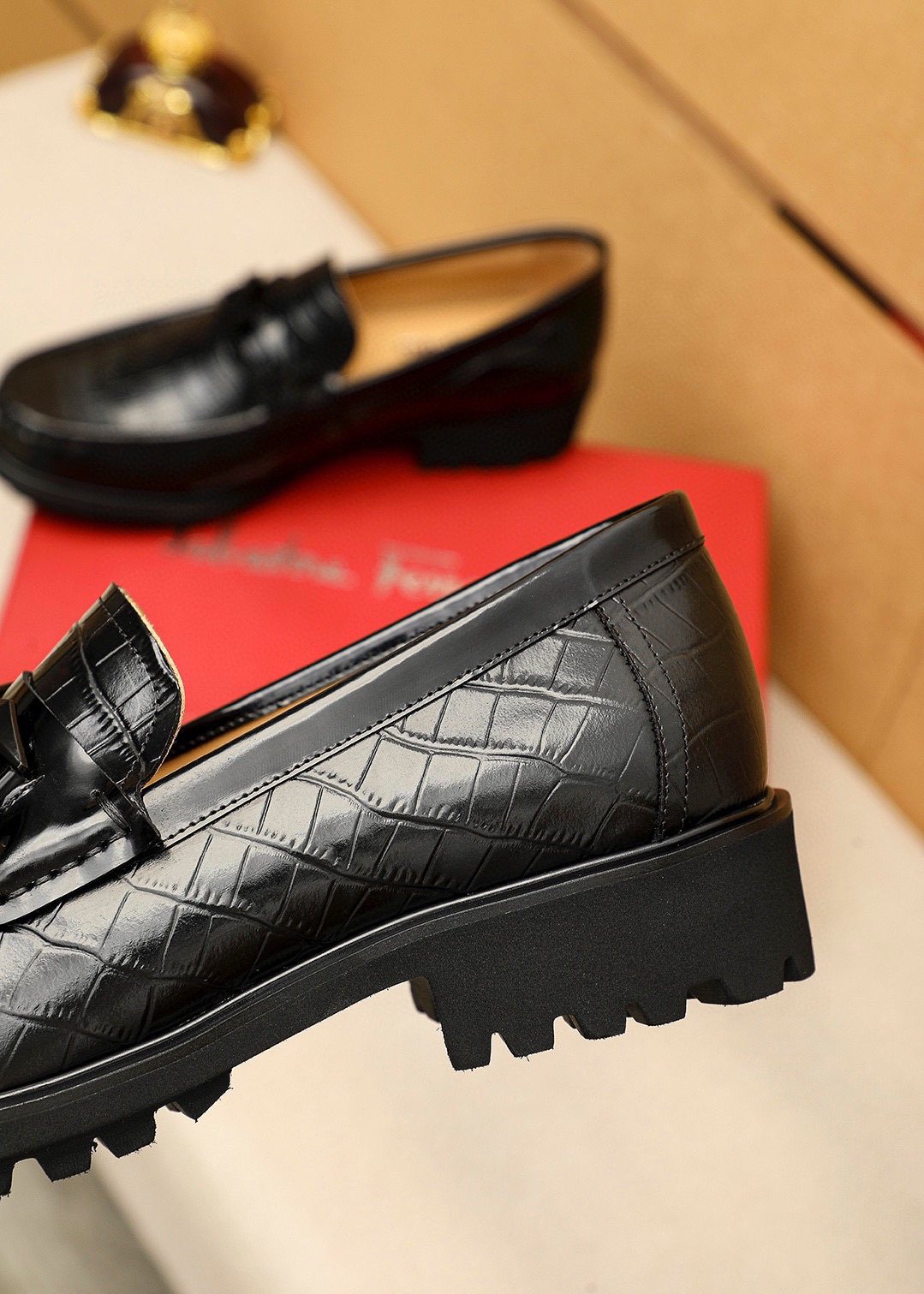 Ferragamo Black Embossed Leather Loafers — detail