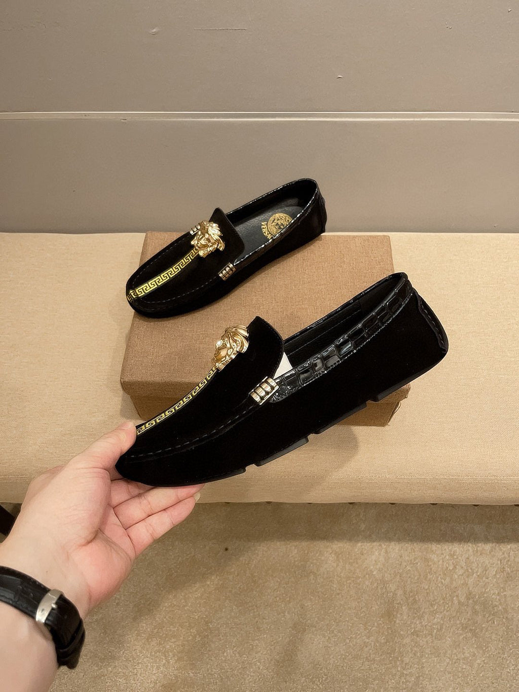 Versace Black Gold-Tone Hardware Loafers — side