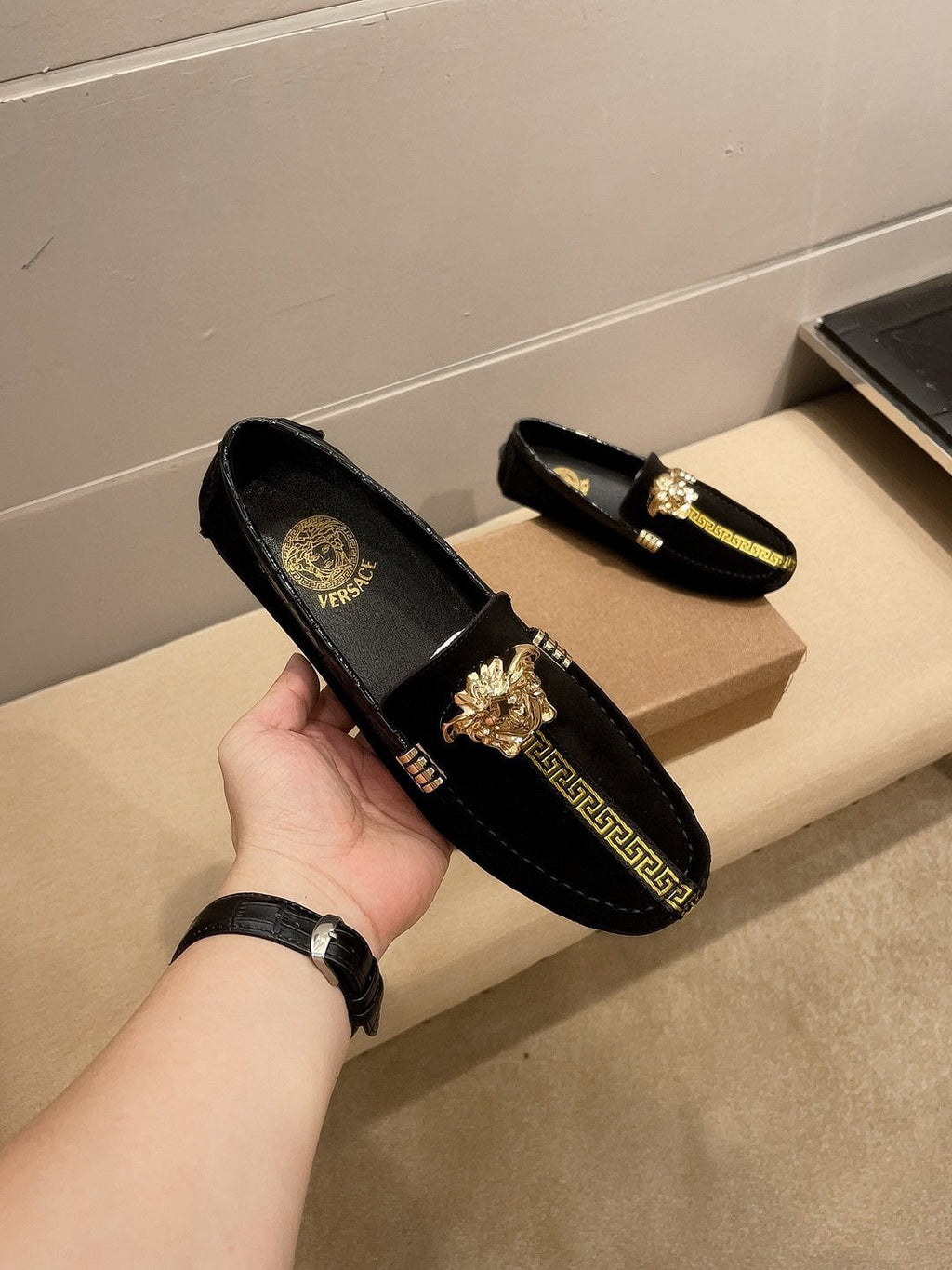 Versace Black Gold-Tone Hardware Loafers — front