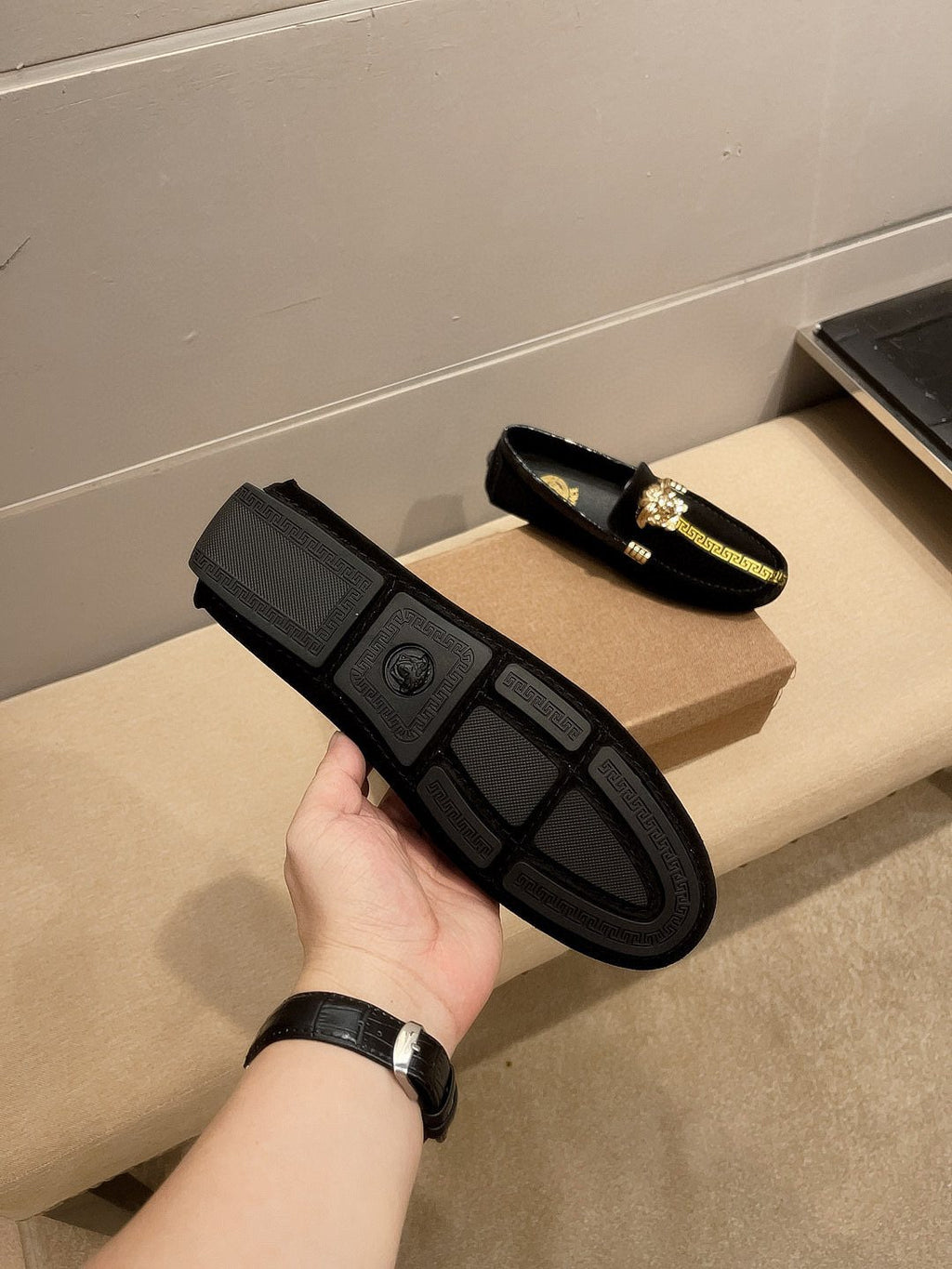 Versace Black Gold-Tone Hardware Loafers — back