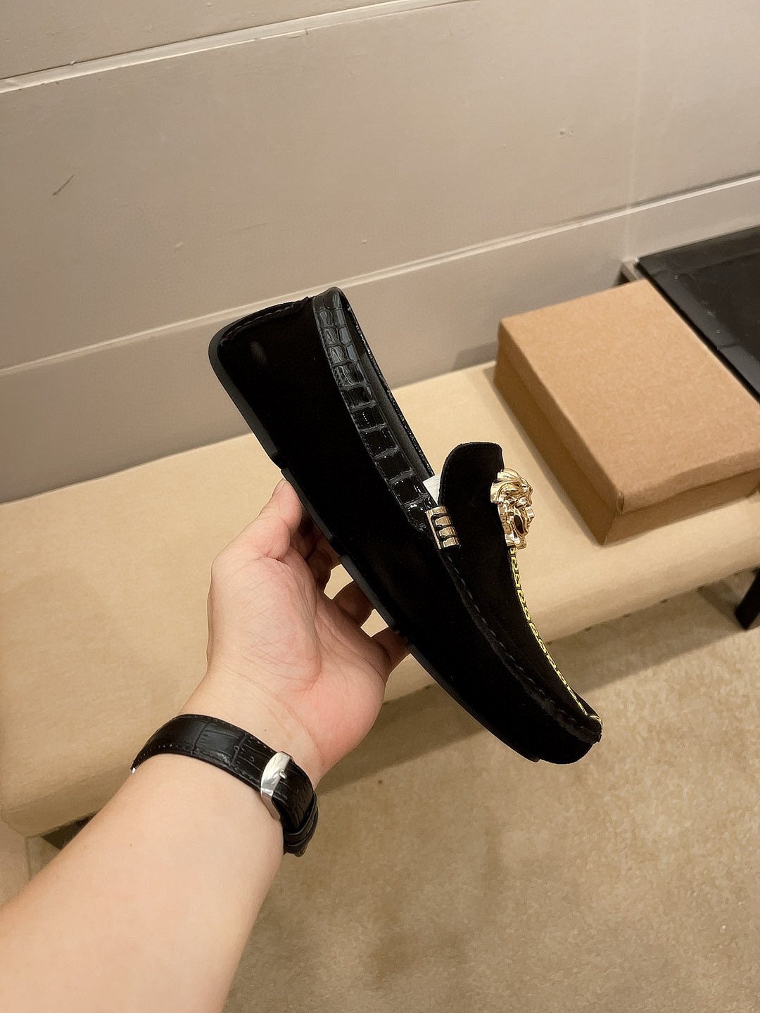 Versace Black Gold-Tone Hardware Loafers — side