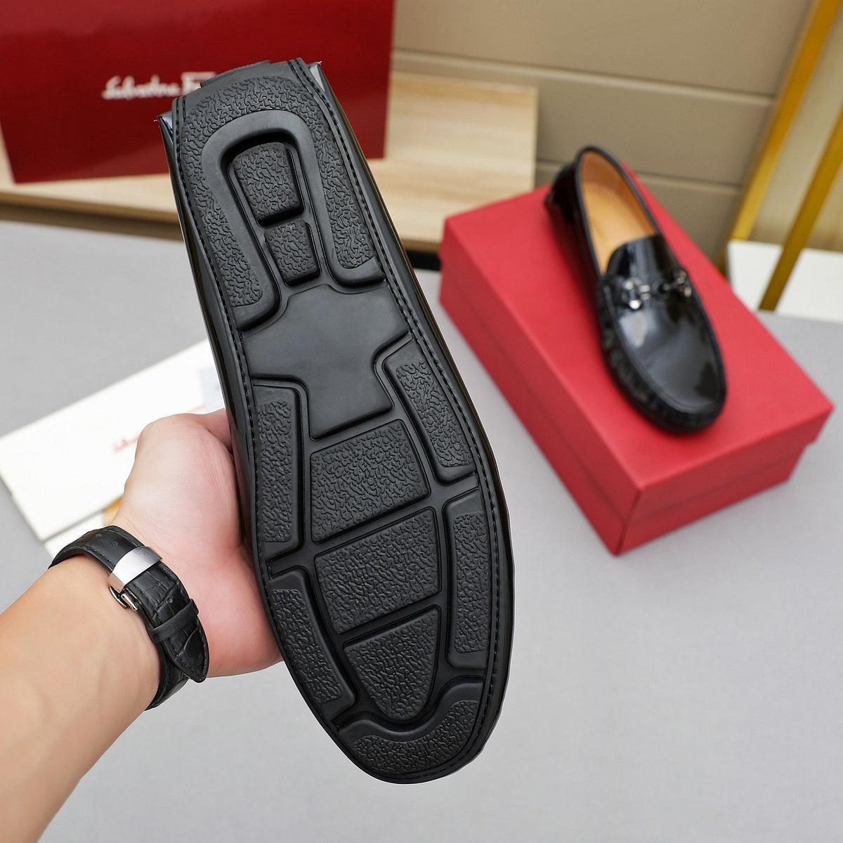 Ferragamo Black Metal Bit Loafers — back