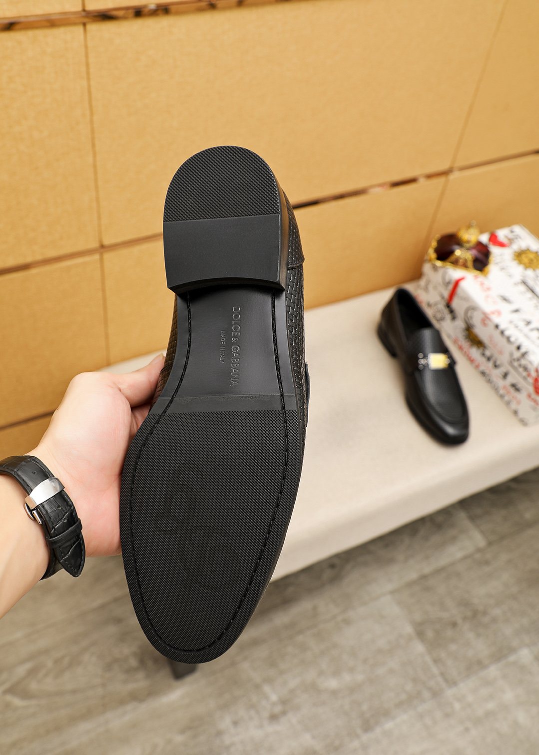 Dolce & Gabbana Black Embossed Buckle Loafers — front