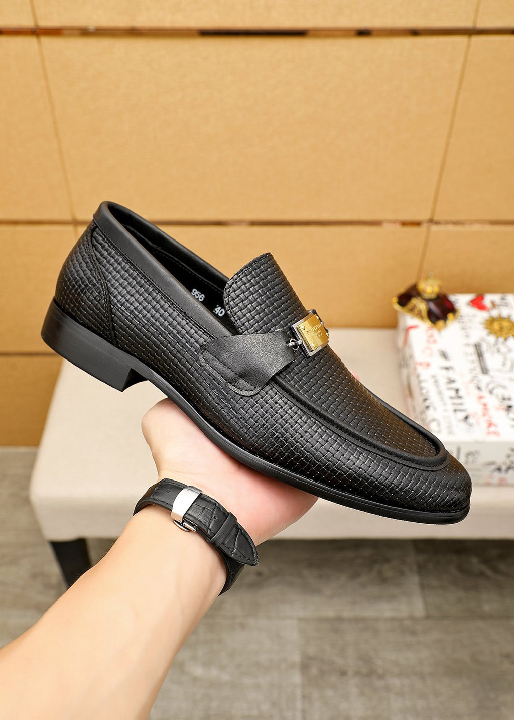 Dolce & Gabbana Black Embossed Buckle Loafers — side