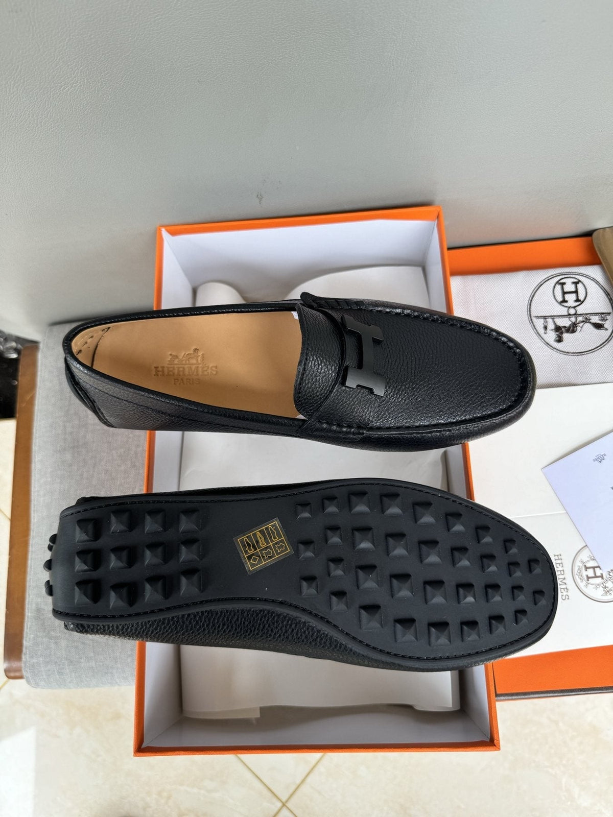 Hermès Black H-Hardware Loafers — side