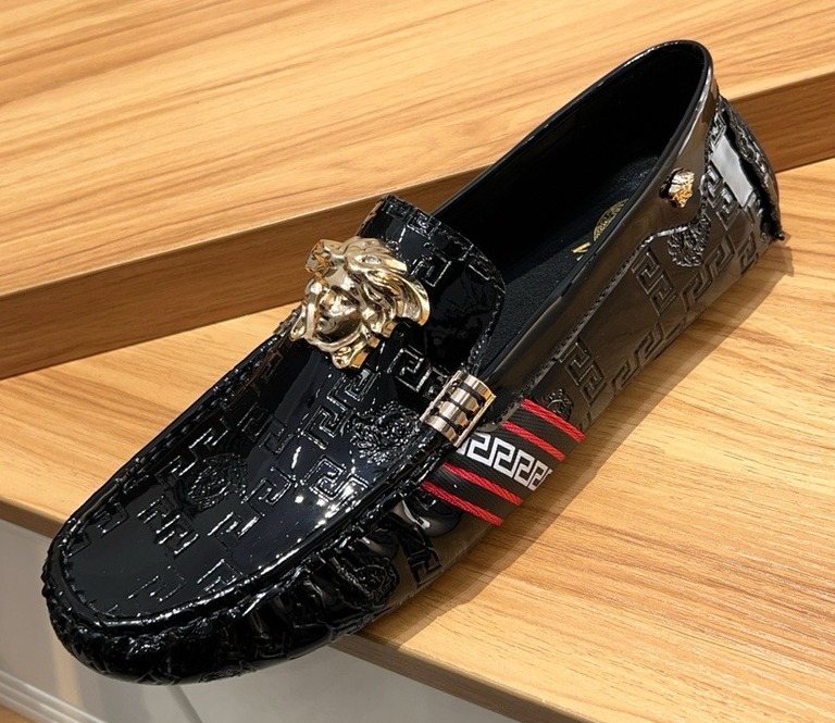Versace Black Patterned Loafers with Gold-Tone Ornament — front