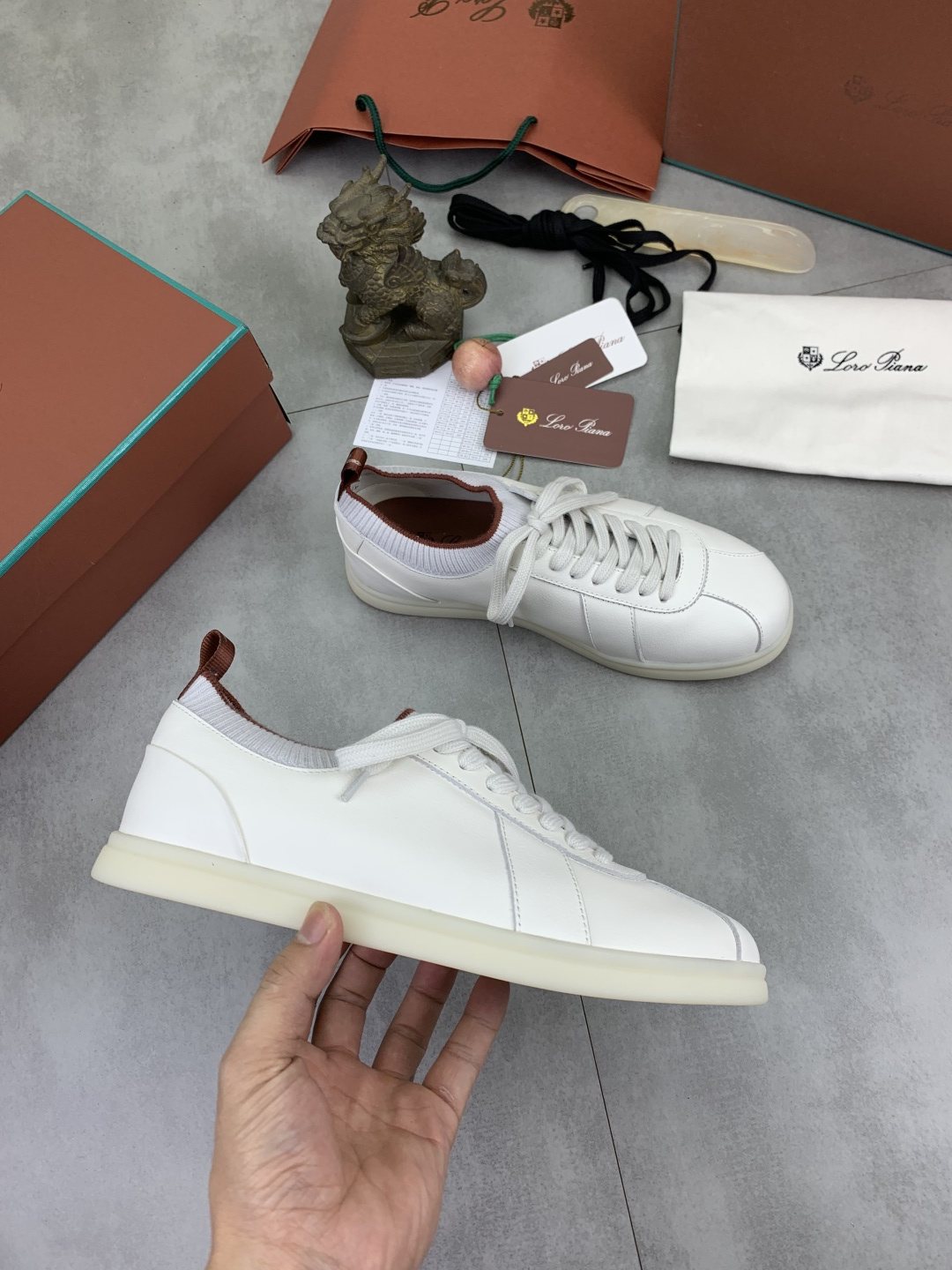 Loro Piana White Knit Leather Sneakers — side