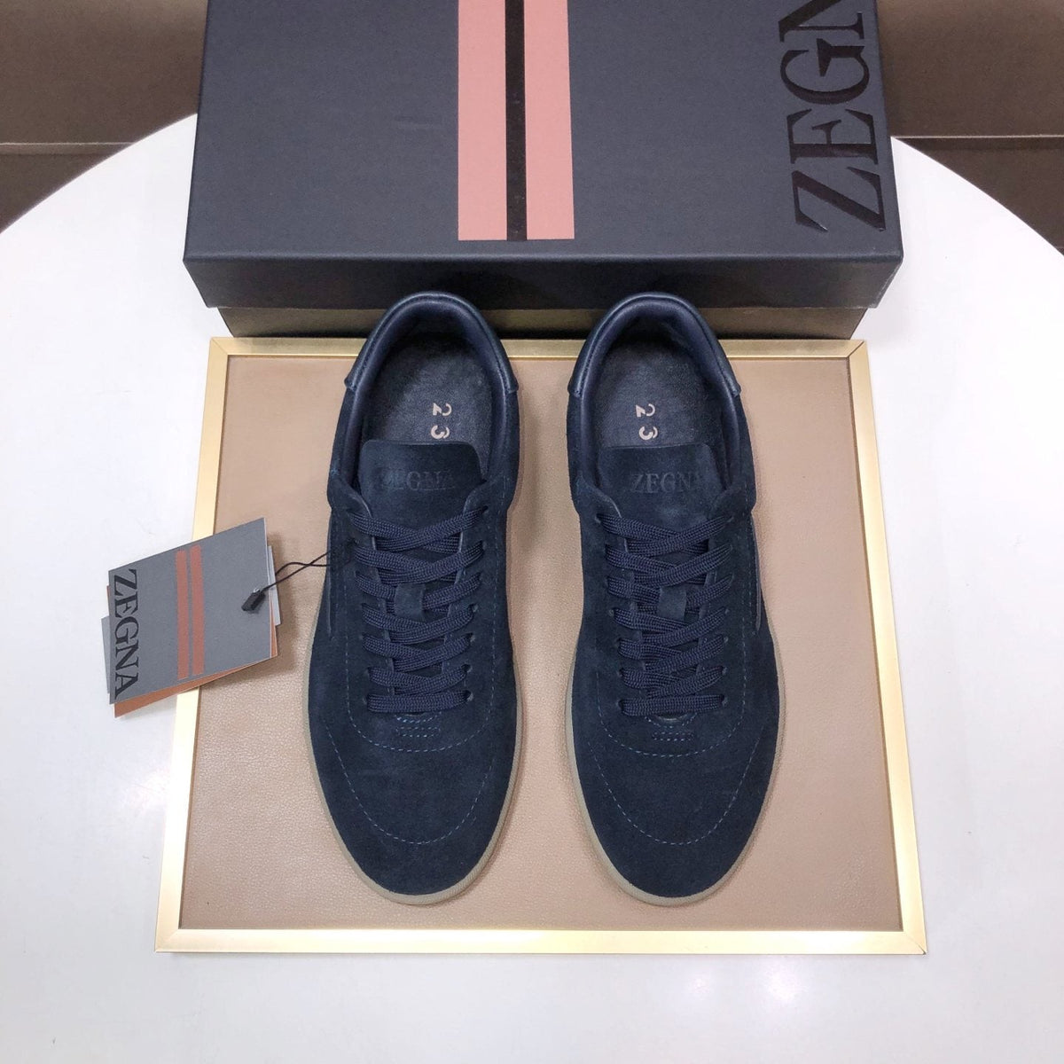 Zegna Navy Suede Sneakers — front