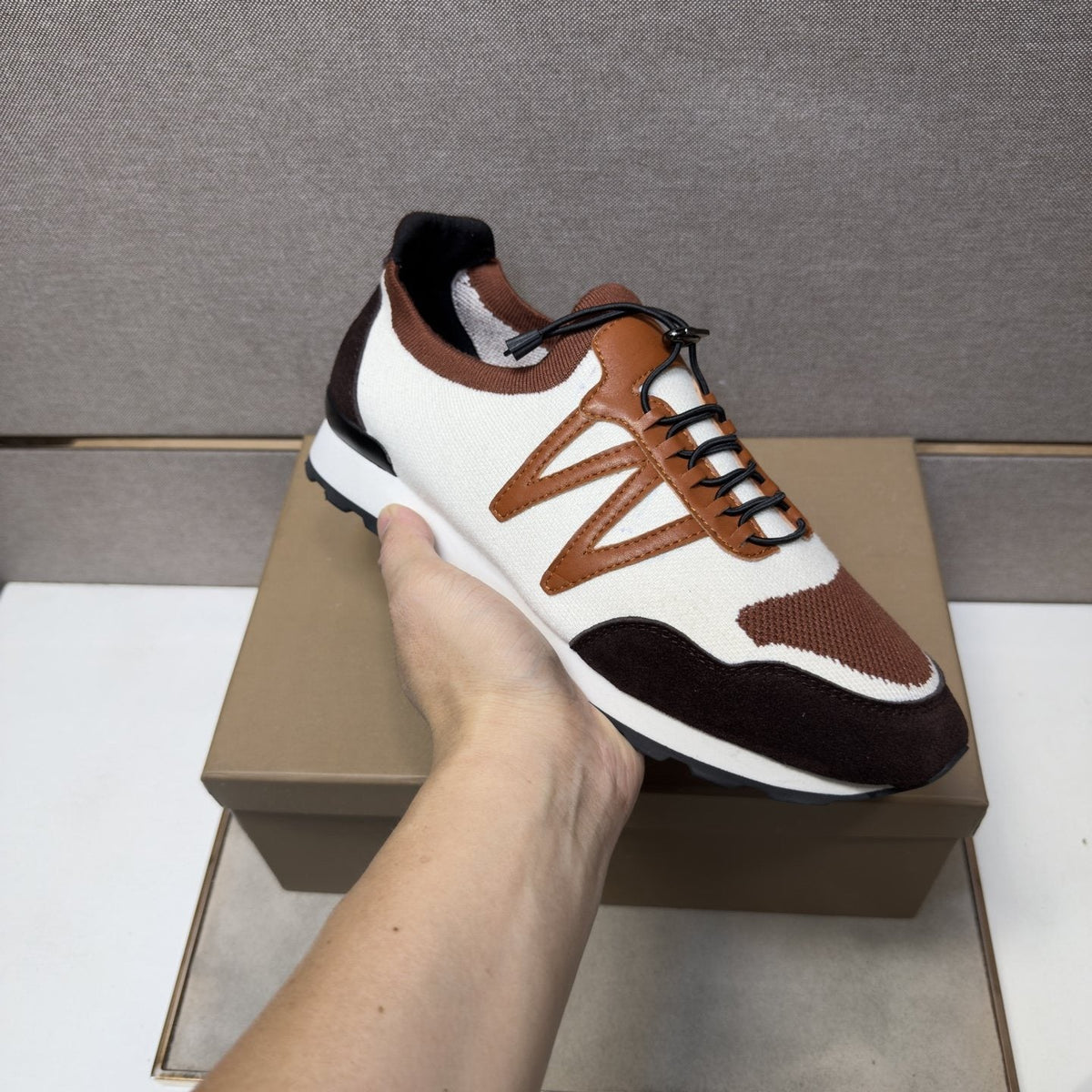 White, Brown & Tan Panel Sneakers — model