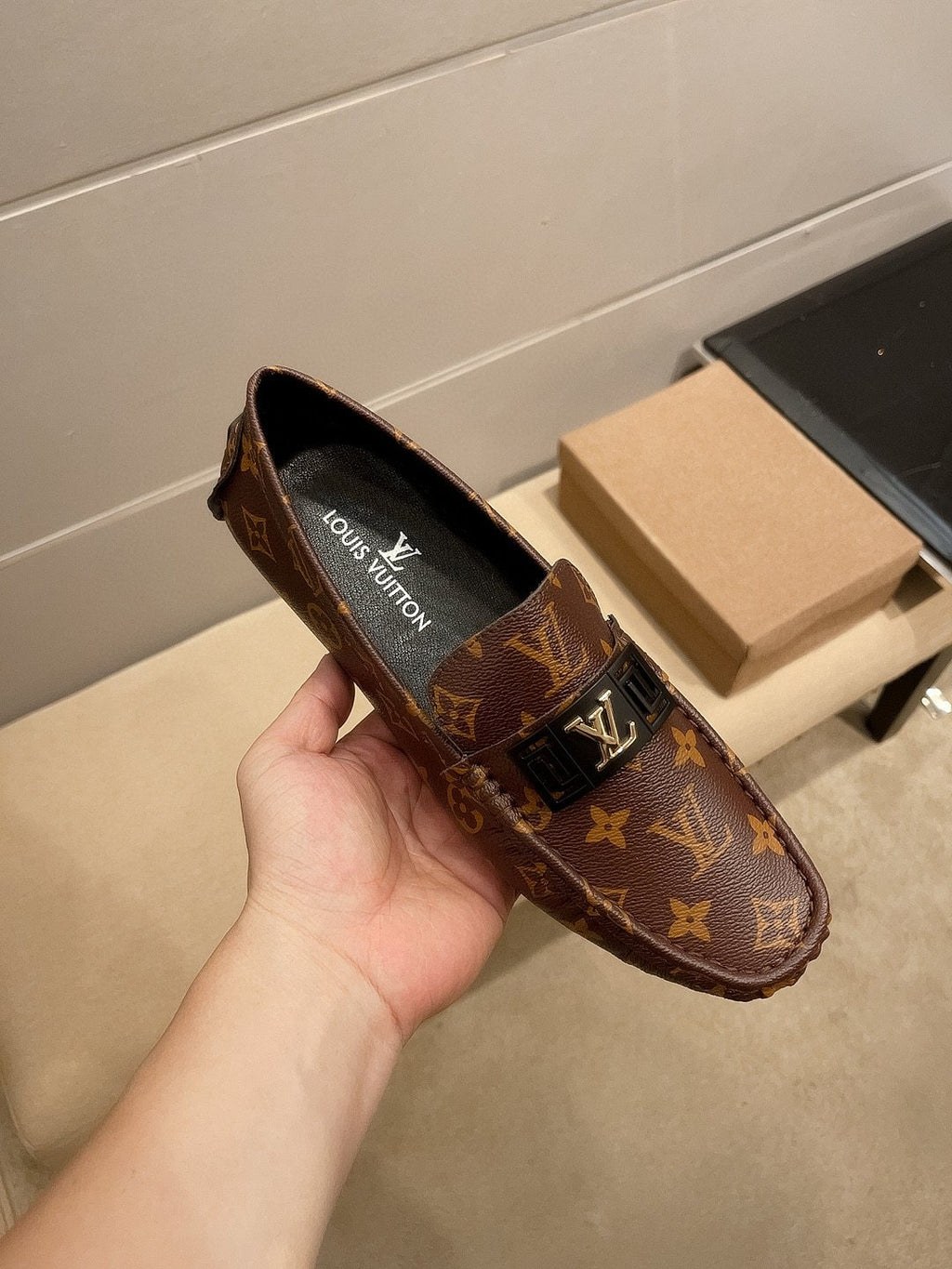 Louis Vuitton Brown Monogram Hardware Loafers — front