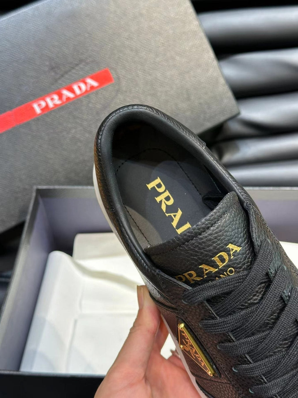 Prada Black Leather Low-Top Sneakers — detail