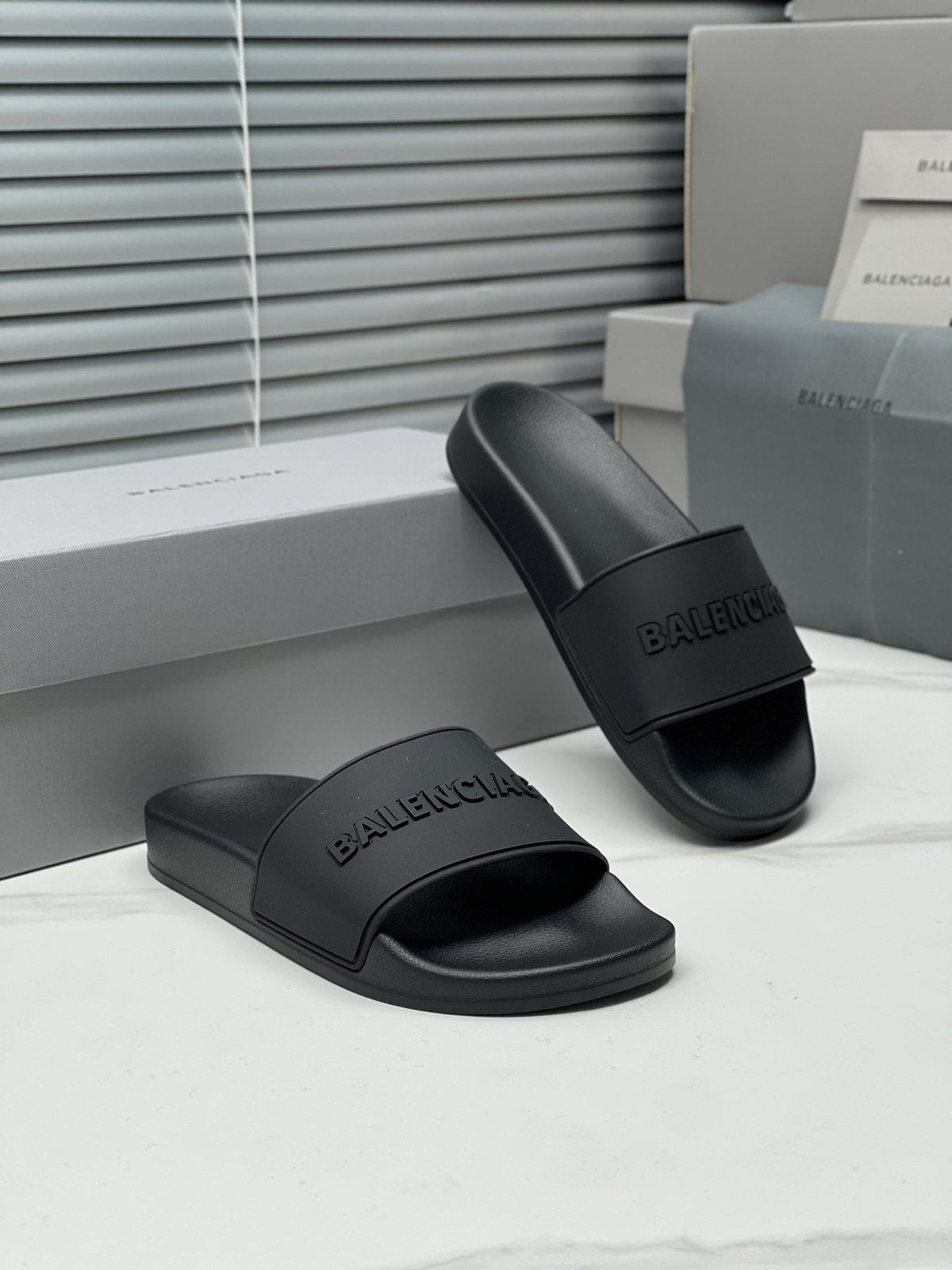 Balenciaga Black Embossed Slide Sandals — front