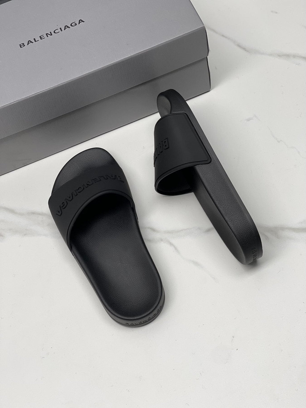 Balenciaga Black Embossed Slide Sandals — front