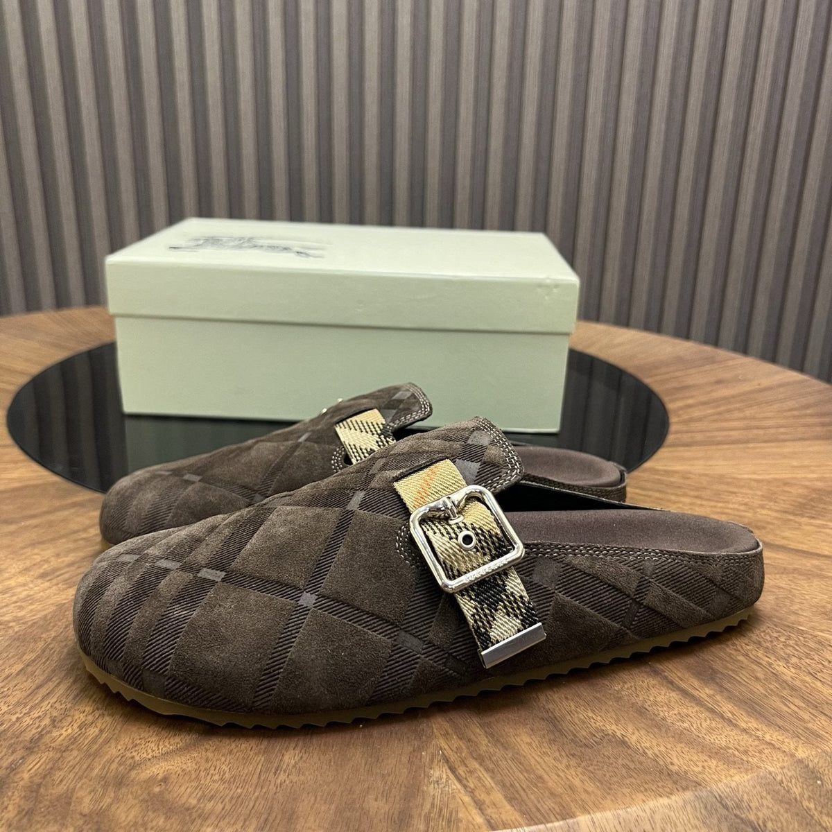 Burberry Dark Brown Check Buckle Mule Slippers — front