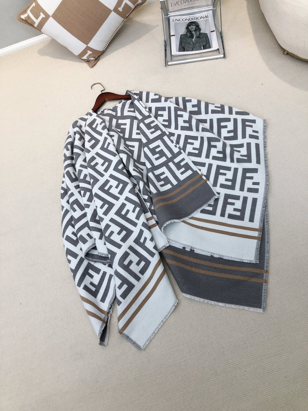 Fendi Geometric Monogram Fringe Shawl — front