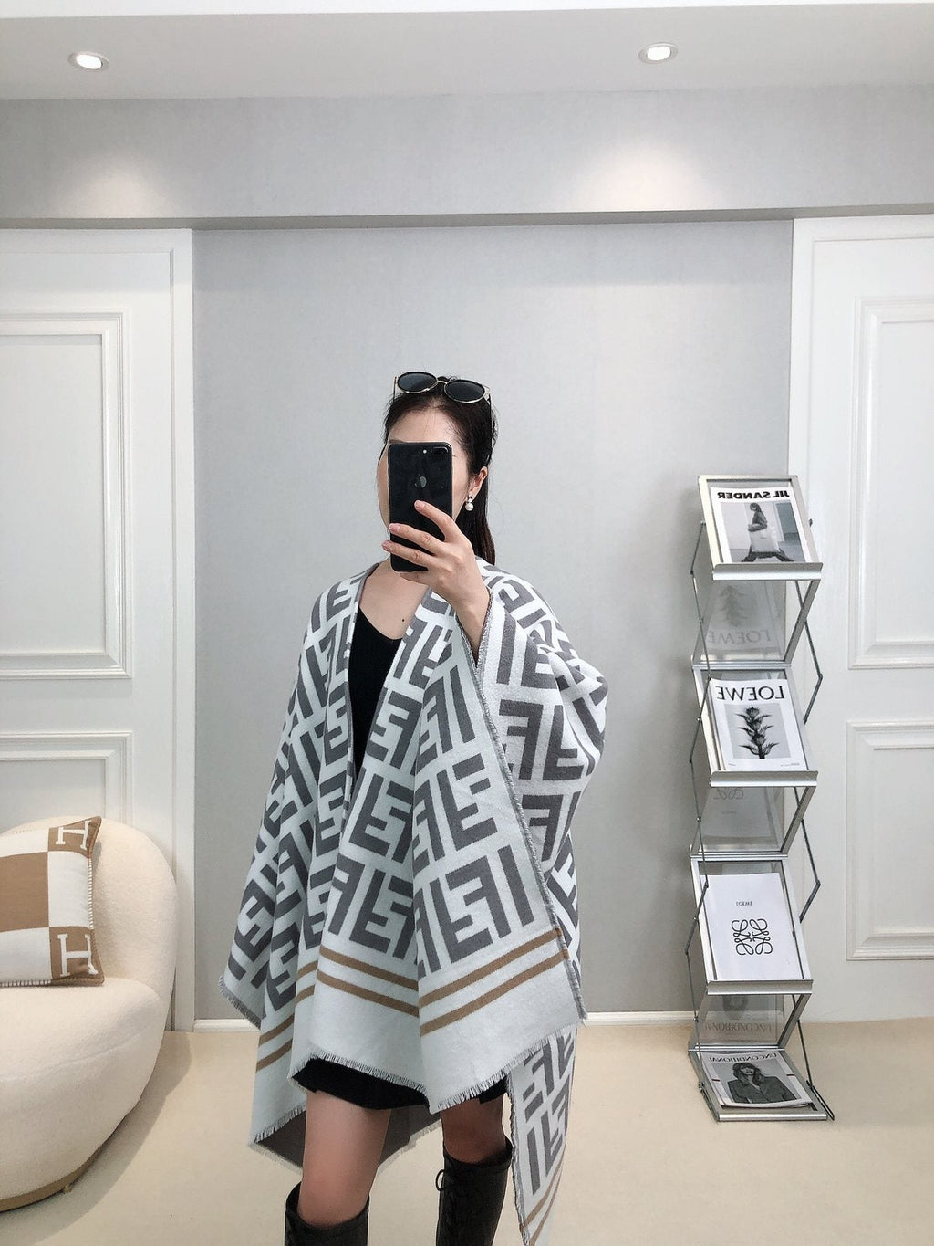 Fendi Geometric Monogram Fringe Shawl — model
