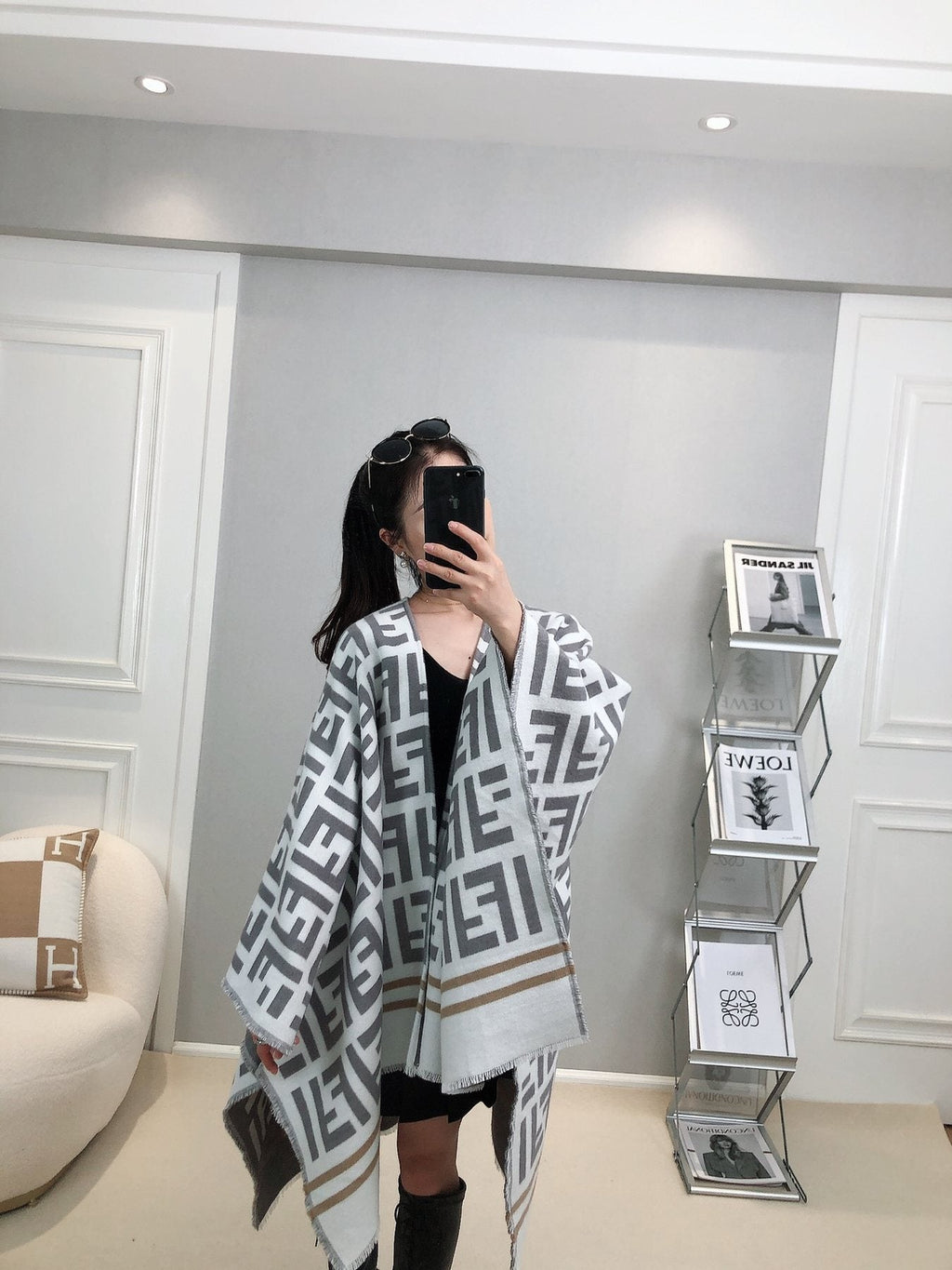 Fendi Geometric Monogram Fringe Shawl — model