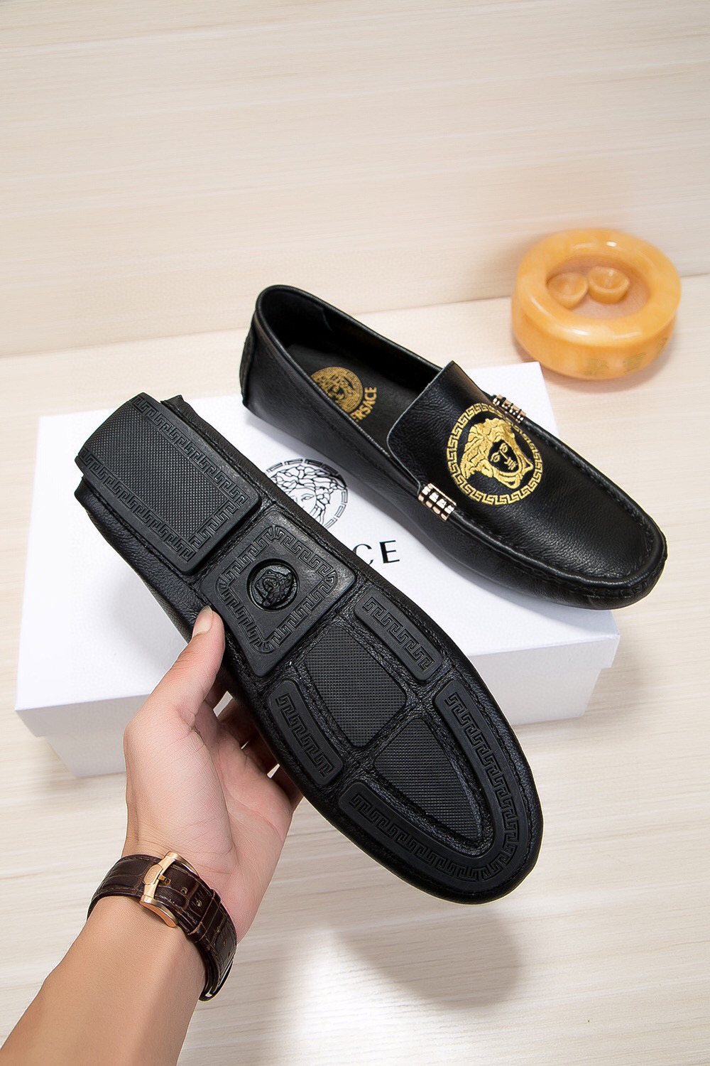 Versace Black Gold Medallion Loafers — back