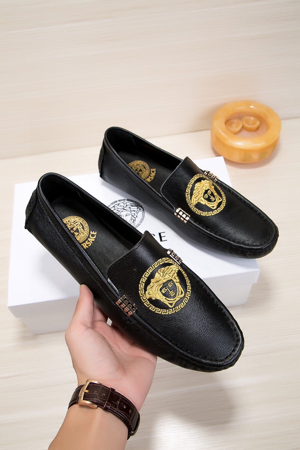 Versace Black Gold Medallion Loafers — side
