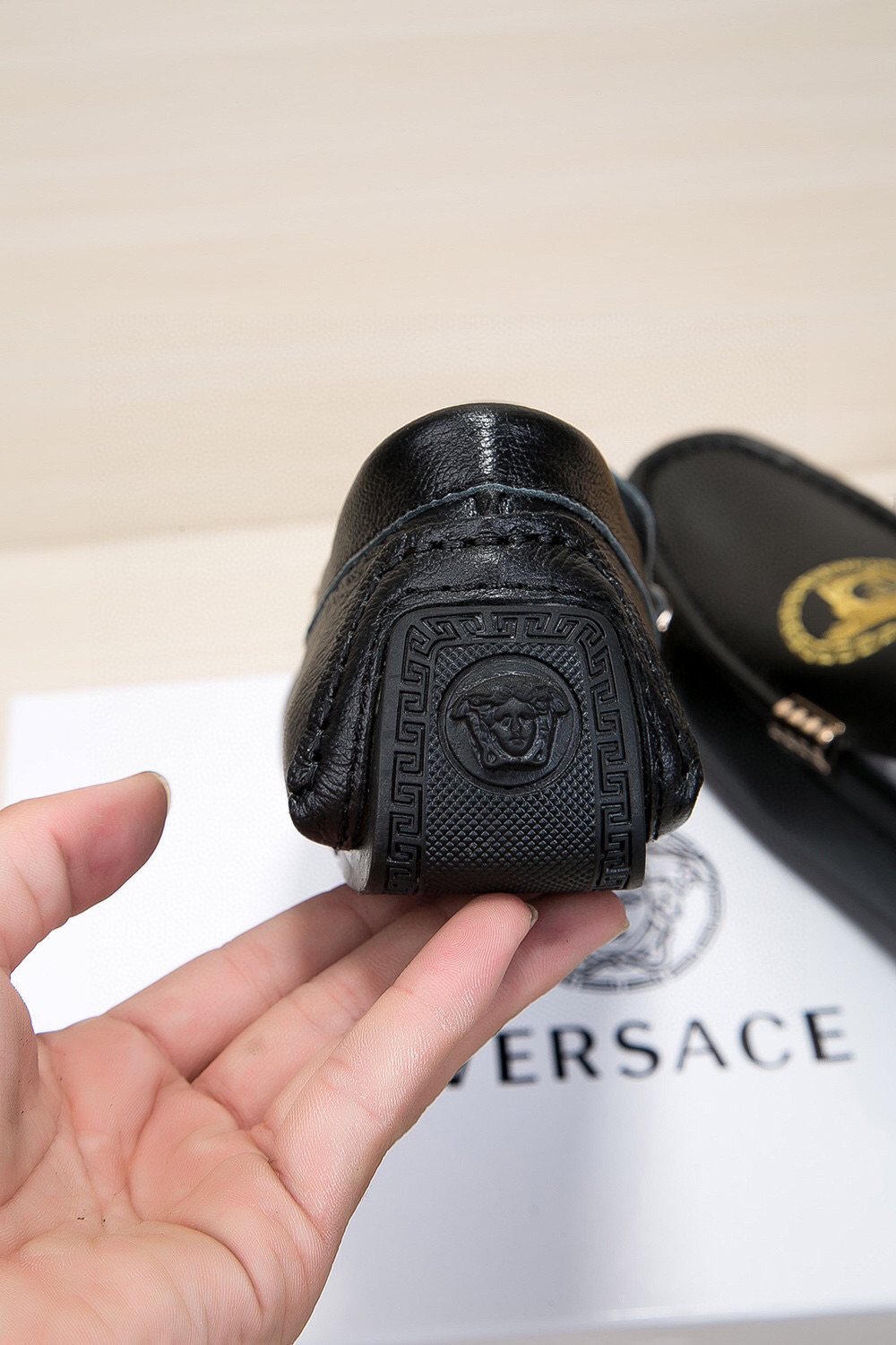 Versace Black Gold Medallion Loafers — detail