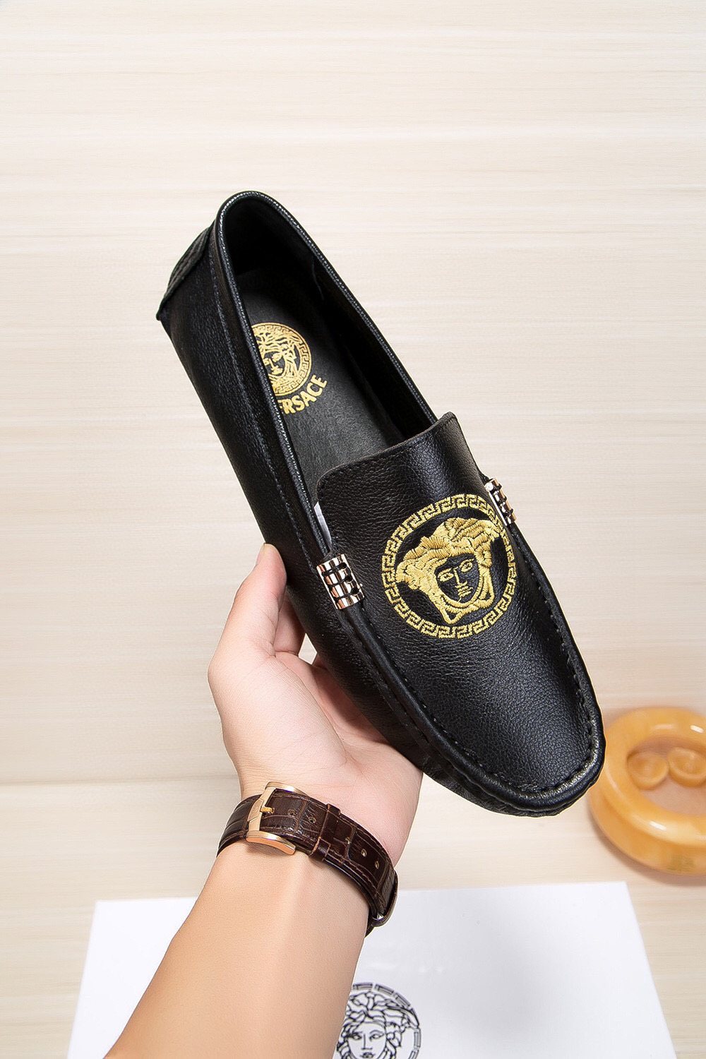Versace Black Gold Medallion Loafers — front