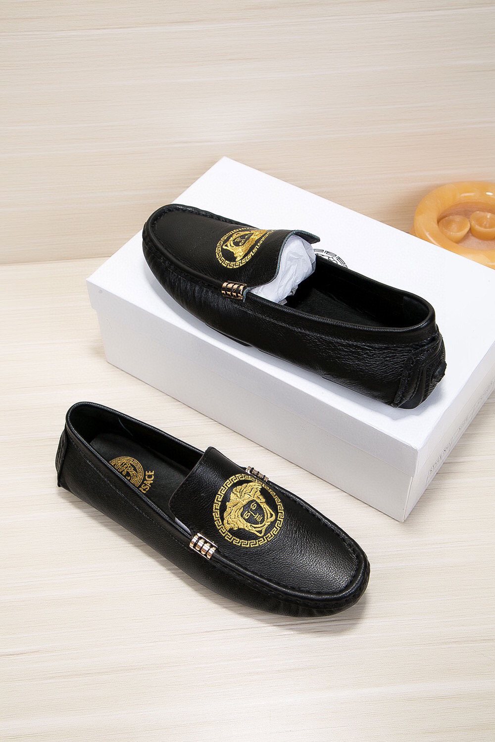 Versace Black Gold Medallion Loafers — front