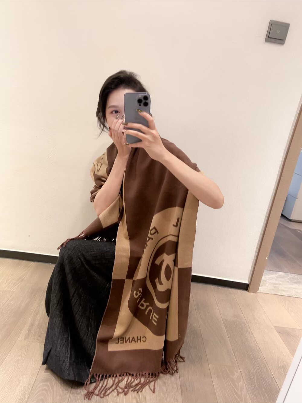 Chanel Brown Beige Fringed Scarf — model