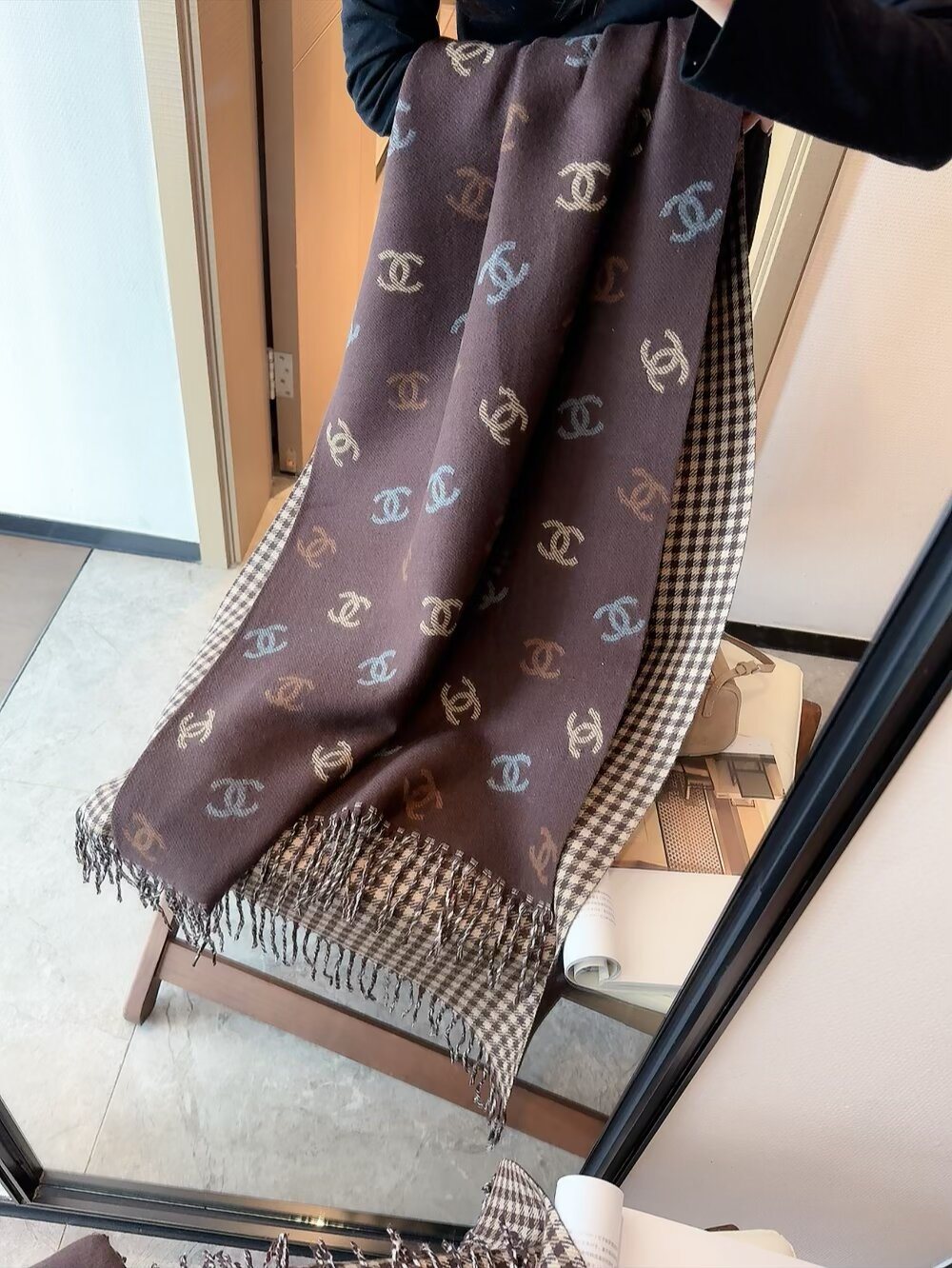 Chanel Reversible Interlocking-C Fringe Scarf — model