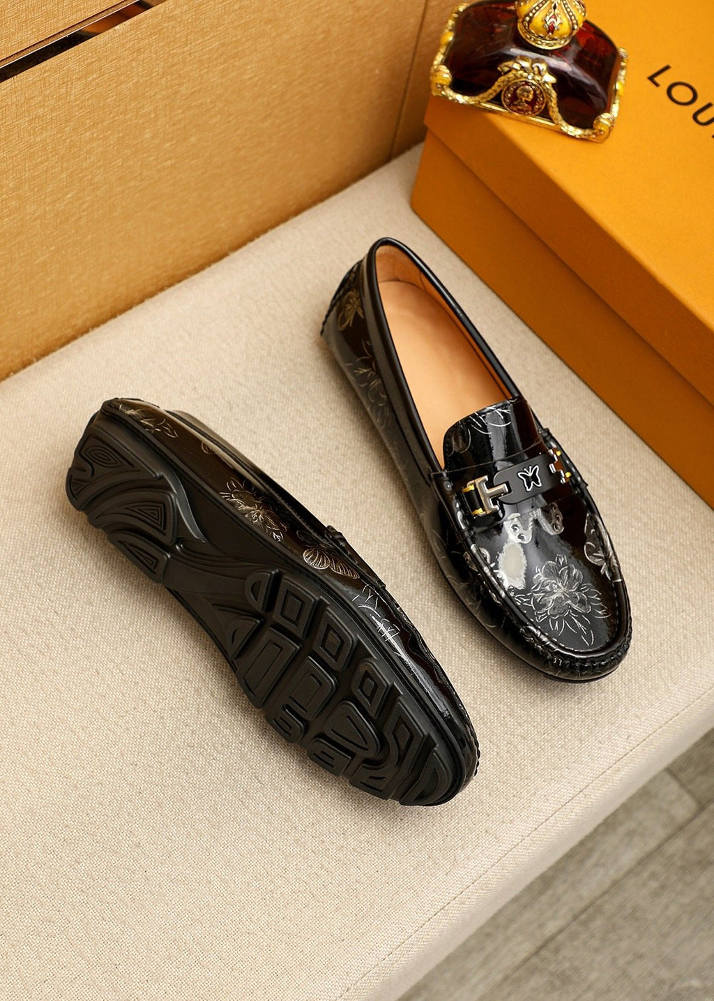 Louis Vuitton Black Floral-Embossed Buckle Loafers — side