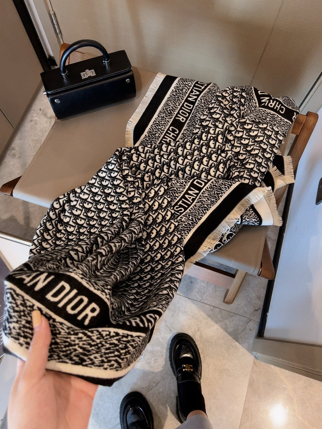 Dior Monogram Fringe Square Scarf — model