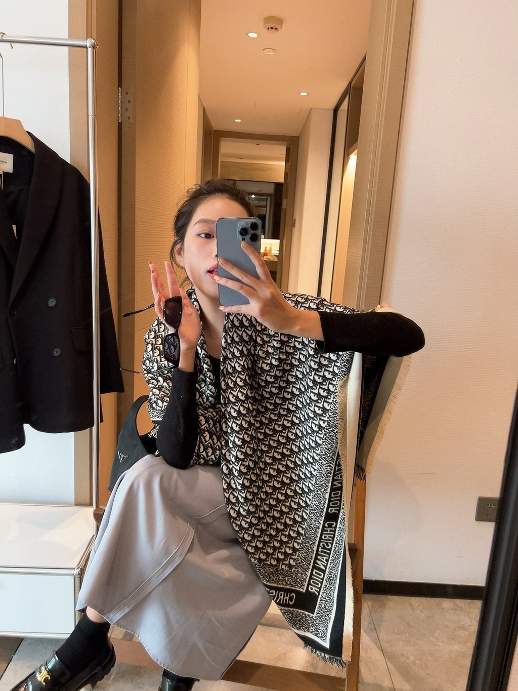 Dior Monogram Fringe Square Scarf — model