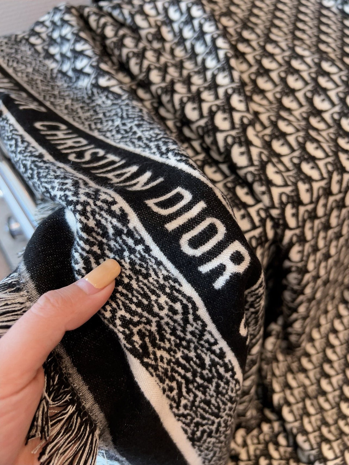 Dior Monogram Fringe Square Scarf — detail