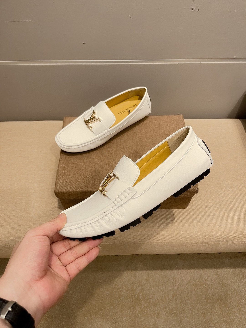 Louis Vuitton Cream White Logo Loafers — model