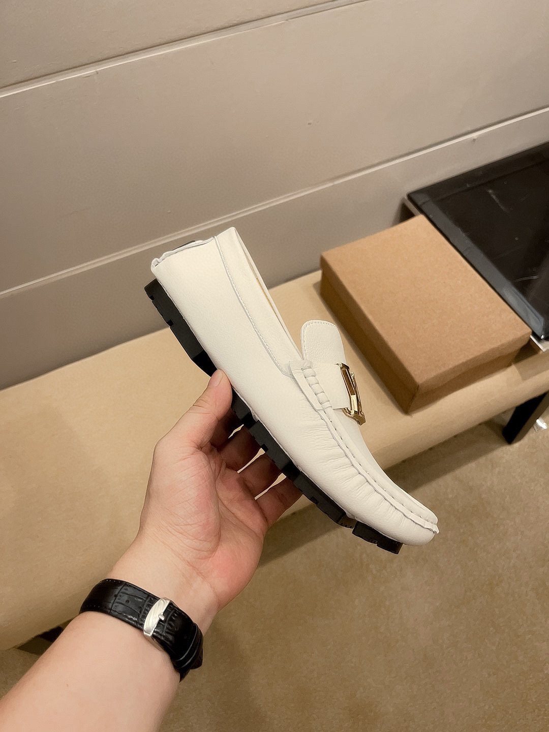 Louis Vuitton Cream White Logo Loafers — side