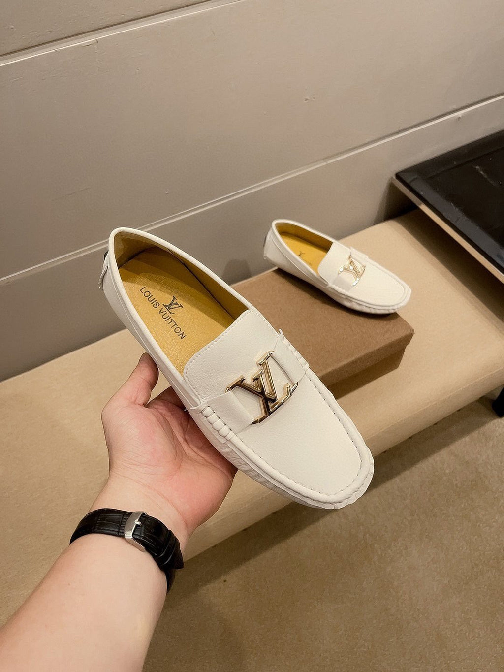 Louis Vuitton Cream White Logo Loafers — model